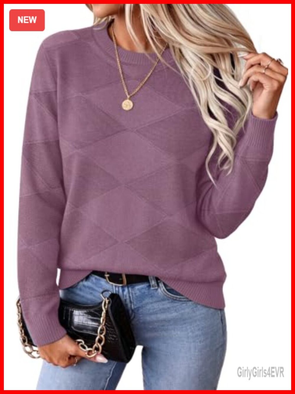 Women's Pullover Sweater Long Sleeve Crew Neck Diamond Pattern Knit Top